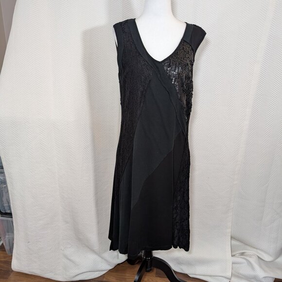 Robert Kitchen Black Mixed Media Dress Lace Mesh & Sequins Stretch Size Large - Picture 1 of 14